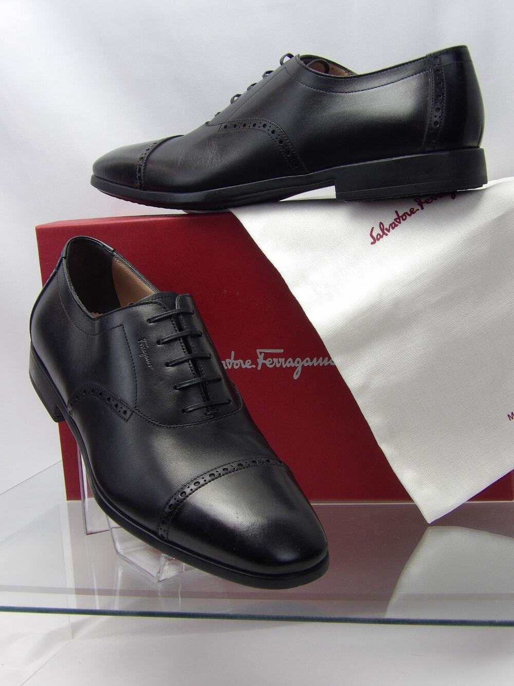 NIB SALVATORE FERRAGAMO RILEY BLACK BROGUE LEATHER LOGO OXFORDS 11 EE